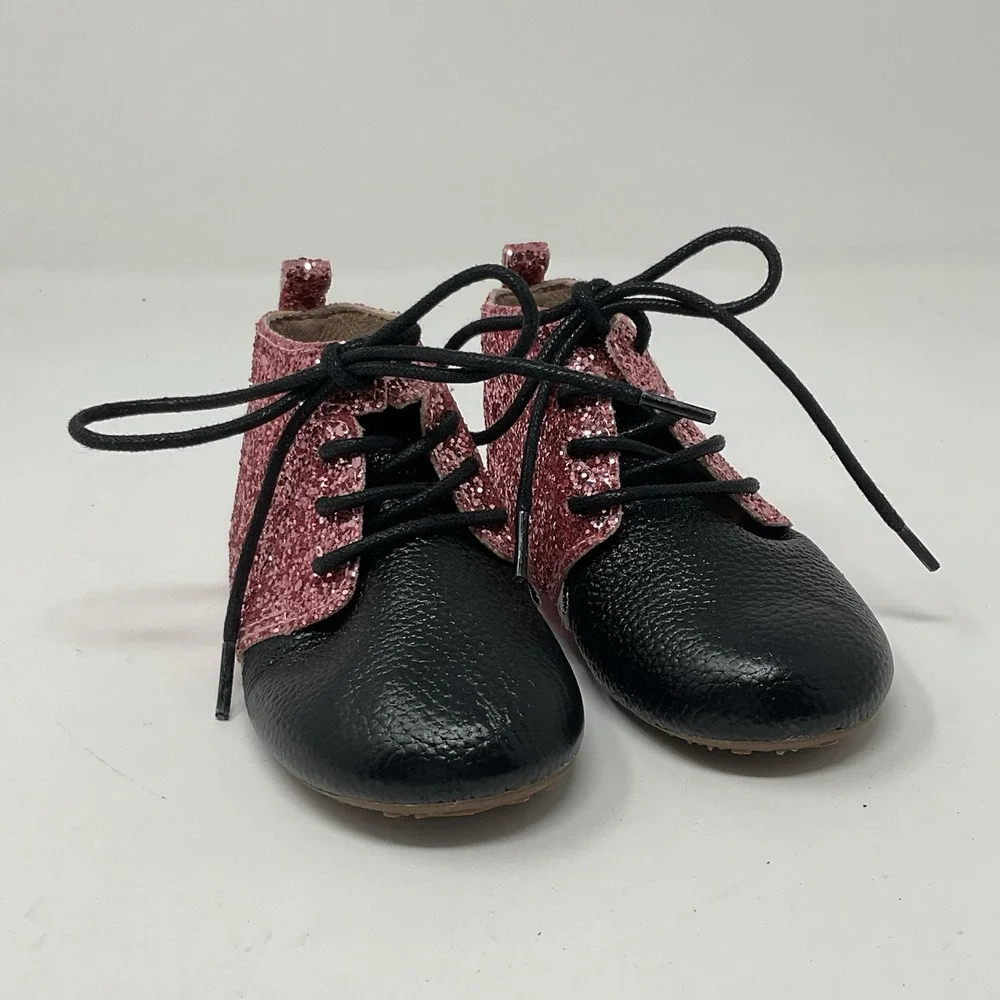 Monkey Feet Shoes Boots Baby Toddler 18-24 M Pink Glitter Black Leather Lace Up